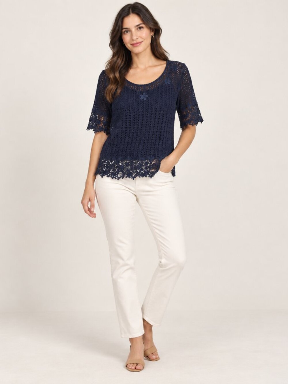 INC International Concepts M Navy Blue Crochet Lace Floral Applique Boho Top